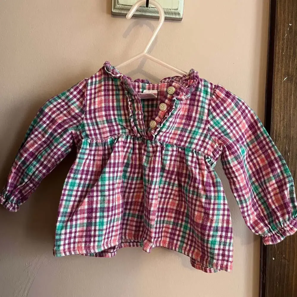 OshKosh B'Gosh Blue Denim Plaid Ruffle Vestbak Jumper Dress and shirt 6 months